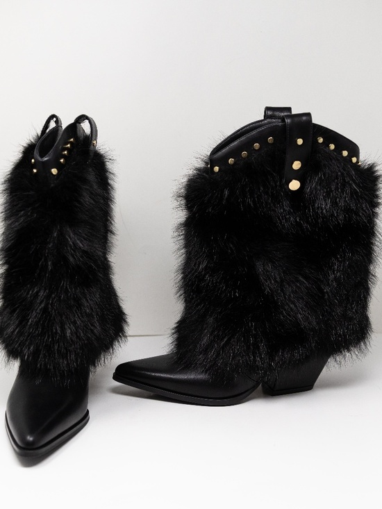 Azalea Wang Shoes - NEW Azalea Wang Violetta Faux Vegan Fur Pull On Western Heel Boots Shoes Black 7